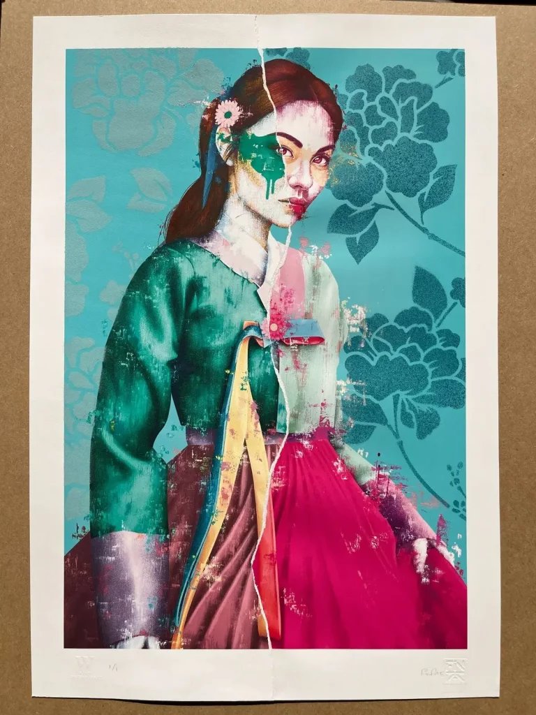 Cheoeum by Fin Dac. Mixed media print, acrylic and spray paint on Somerset satin 330 gsm paper